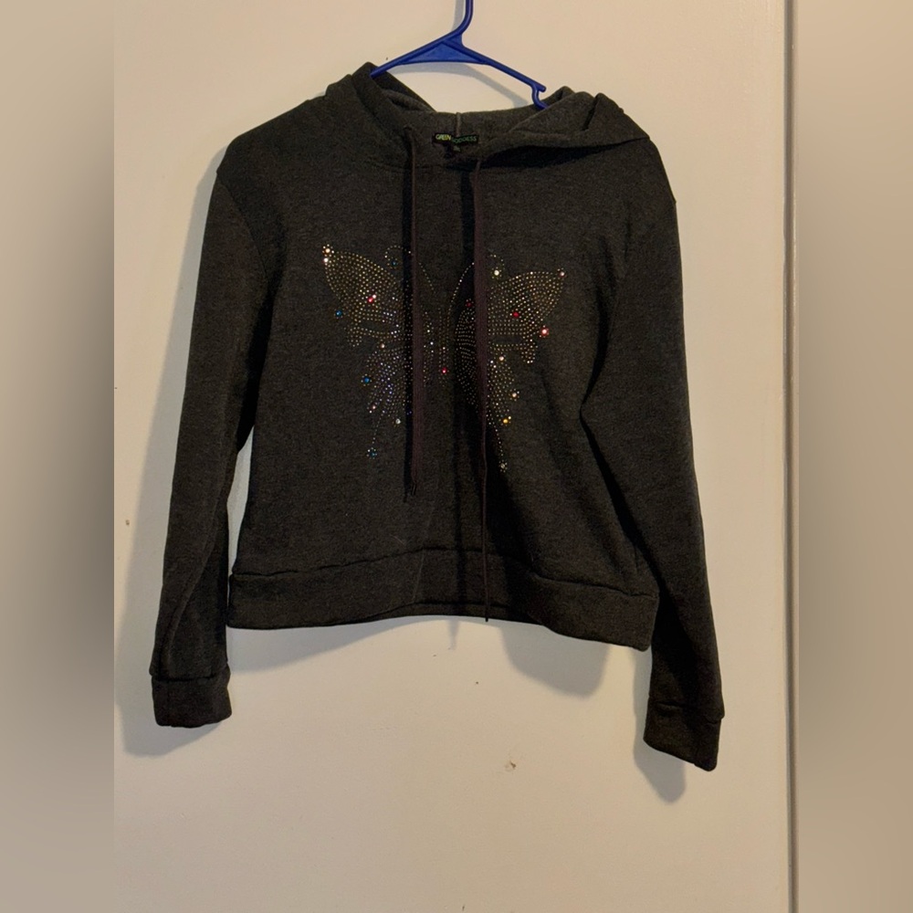NWOT 2pc Cropped Hoodie and Joggers, Green Goddess Large Girls Butterfly Outfit